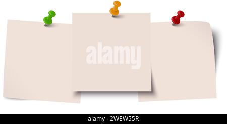 eps vector illustration with business little sticky notes in a row with colored pin needles and free copy space for your own text Stock Vector