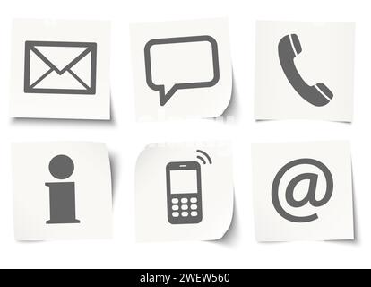 Contact Us, set of six colored icons on sticky notes Stock Vector
