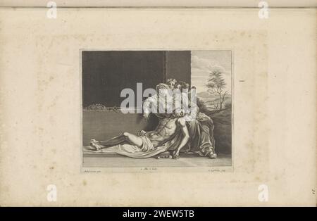 Obviously of Christ (Pieta), 1660 print The mourning Maria leans with two angels on a block of stone. Christ's head rests on her lap. Next to her are the passion tools thorn crown and nails. Behind her a glimpse to a hilly landscape. This print is part of an album.  paper engraving the dead Christ in Mary's lap Stock Photo