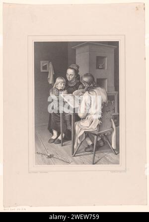 Father reads the Bible to mother and child, 1835 print Farmer's family around a table, father reads from an open Bible to his wife and daughter sitting opposite him. In the background a stone stove, in the foreground a toll with a whip.  paper  Bible. reading to somebody. (playing with) top Stock Photo