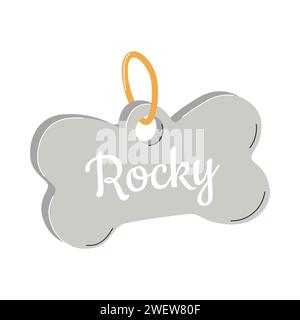 A personalized pet medallion. A bone-shaped tag with an address and a name for dogs. A simple flat vector illustration isolated on a white background Stock Vector