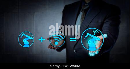 Blue chip consultant offering technology solution. A six axis industrial robot icon plus a wireless data exchange symbol do equate a cyber physical sy Stock Photo
