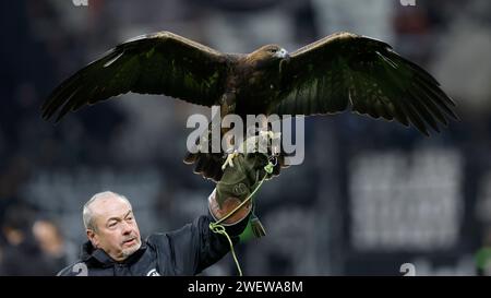 Frankfurt Am Main, Deutschland. 26th Jan, 2024. Maskottchen Steinadler Attila und alkner Norbert Lawitschka, 26.01.2024, Fussball, 1. Bundesliga, Eintracht Frankfurt - 1. FSV Mainz 05, GER, Frankfurt am Main, Deutsche Bank Park, DFL REGULATIONS PROHIBIT ANY USE OF PHOTOGRAPHS AS IMAGE SEQUENCES AND/OR QUASI-VIDEO. Credit: dpa/Alamy Live News Stock Photo