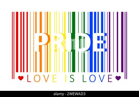 Rainbow or pride colored bar code with word 'Pride' and phrase 'Love is love' on white. LGBT movement flag, gay pride and commercialism concept. Stock Photo