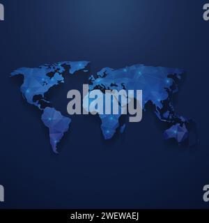 Modern blue world map with 3d polygon pattern and mesh network on a dark blue background. Map of world with thin bright blue lines and glowing dots. Stock Photo