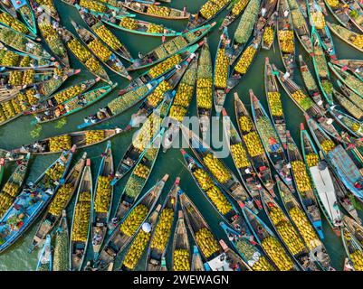 Aerial view of floating market of seasonal fruits on the boats in Kaptai Lake, Rangamati, Bangladesh. Stock Photo