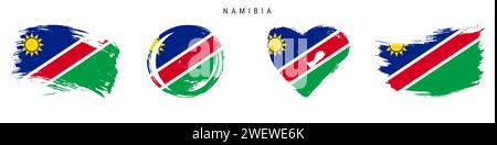 Namibia hand drawn grunge style flag icon set. Namibian banner in official colors. Free brush stroke shape, circle and heart-shaped. Flat vector illus Stock Vector