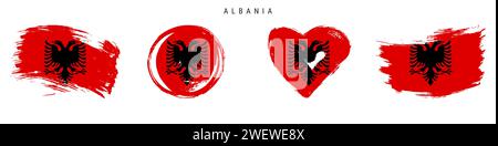 Albania hand drawn grunge style flag icon set. Albanian banner in official colors. Free brush stroke shape, circle and heart-shaped. Flat vector illus Stock Vector