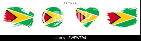 Guyana hand drawn grunge style flag icon set. Guyanese banner in official colors. Free brush stroke shape, circle and heart-shaped. Flat vector illust Stock Vector