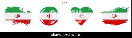 Iran hand drawn grunge style flag icon set. Iranian banner in official colors. Free brush stroke shape, circle and heart-shaped. Flat vector illustrat Stock Vector