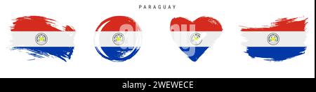 Paraguay hand drawn grunge style flag icon set. Paraguayan banner in official colors. Free brush stroke shape, circle and heart-shaped. Flat vector il Stock Vector