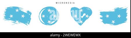 Micronesia hand drawn grunge style flag icon set. Micronesian banner in official colors. Free brush stroke shape, circle and heart-shaped. Flat vector Stock Vector
