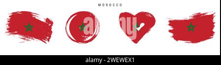 Morocco hand drawn grunge style flag icon set. Moroccan banner in official colors. Free brush stroke shape, circle and heart-shaped. Flat vector illus Stock Vector