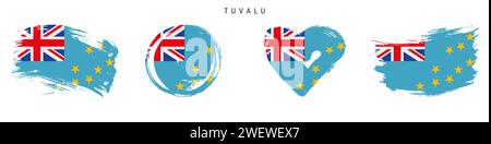 Tuvalu hand drawn grunge style flag icon set. Ellice Islands banner in official colors. Free brush stroke shape, circle and heart-shaped. Flat vector Stock Vector