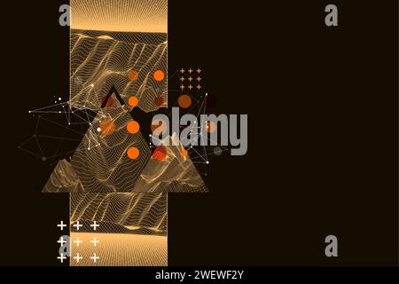 Scientific and technical image of the mountains. Abstract wireframe surface background inside a triangle. Hand drawn vector. Stock Vector