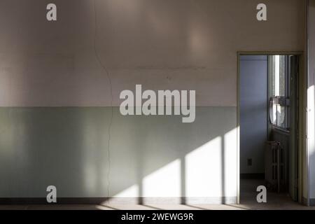 A door to a dormitory inside an old school building in Kanagawa, Japan. Stock Photo
