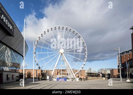 Liverpool, united kingdom January, 16, 2024  M and S Bank Arena and Wheel of Liverpool at King's Dock. Former Echo arena sponsored by Marks and Spence Stock Photo