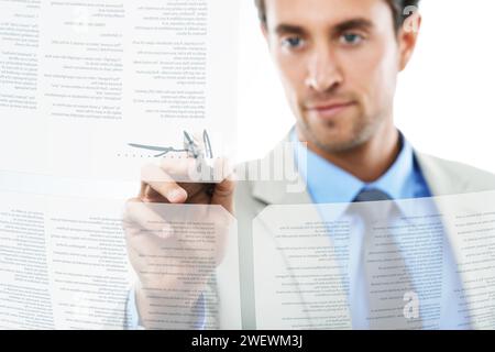 Businessman, contract and digital signature or documents for agreement on a white studio background. Man or employee and pen writing on overlay or Stock Photo