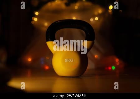 Yellow kettlebell weight healthy exercise, in the afternoon workout sport  for bodybuilding from muscle steel, iron tough. Pace colorful club, ball  Stock Photo - Alamy