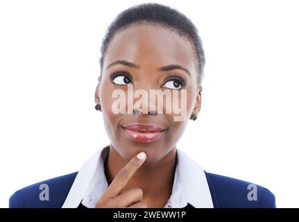 Thinking, face and black woman with questions and ideas in studio or person remember in white background of mockup. African, employee and search Stock Photo