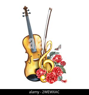 A violin decorated with red roses and a golden treble clef. The watercolor illustration is hand-drawn. For posters, flyers and invitation cards. For b Stock Photo