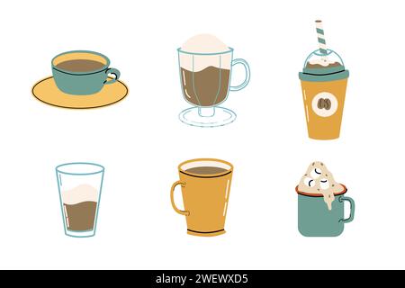 Hand drawn drink coffee in various cups. Vector illustration can used for banner, flyer, wallpapers, poster.  Stock Vector
