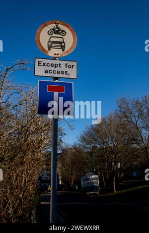 Dead end or no through road sign with no bikes or cars and except for access signs attached in residential area in Redhill reigate Surrey England. Stock Photo