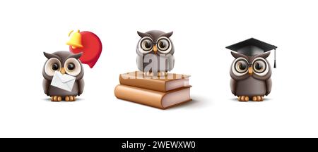 3d brown owl illustration set sitting on pile of books, in graduation hat and with bell icon red speech bubble, college or school education realistic Stock Vector