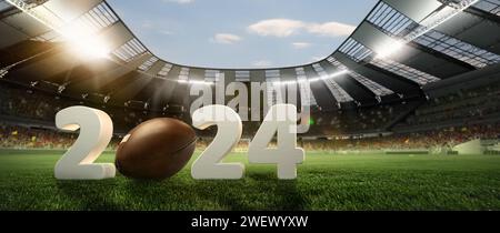 Upcoming American football match. 3D render of open air stadium with floodlights and fan tribune. 2024 numerals with ball Stock Photo