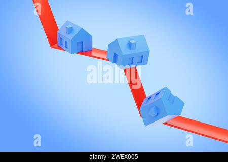 Falling real estate prices concept. several blue houses tumbling on a downward pointing red line. Blue gradient background Stock Photo