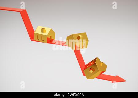 Falling real estate prices concept. several golden houses tumbling on a downward pointing red line with arrow Stock Photo