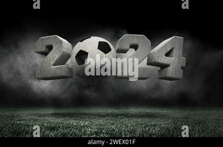 Concrete 2024 numerals with soccer ball raising above green grass with smoke over dark background. 3D render of stadium Stock Photo