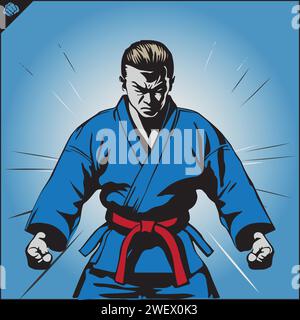 Judo wrestler in a blue kimono, a red belt , in a fighting pose, ready to fight. On a background few small details Stock Vector