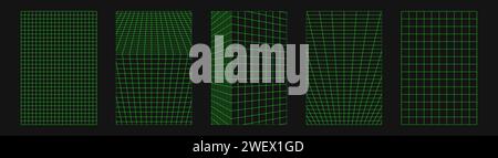 Abstract wireframes, cyberpunk elements and perspective green grids and spheres. Surreal geometric retro futuristic set. Psychedelic y2k shapes. Rave Stock Vector
