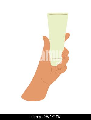 Illustrated image of hand clutching an empty tube mockup on white background. Stock Vector