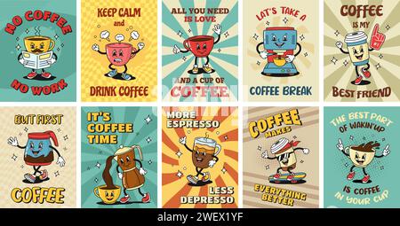 Retro coffee posters. Cartoon espresso cups, coffee house stickers with slogans in style of 1930s rubber hose animation. Vector illustration set Stock Vector