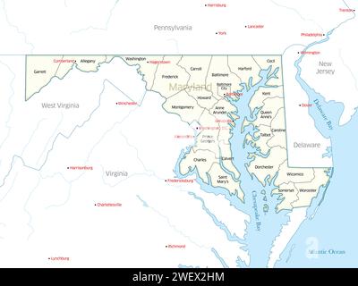 Map displaying the many counties that make up the state of Maryland in the United States. Stock Photo