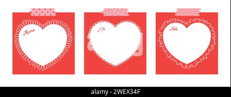 Set of cute heart notepad with tape hand drawn vector illustration for Valentines day. Template paper for sticker note, memo. Cartoon style. Isolated Stock Vector