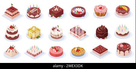 Isometric birthday event tasty strawberry, vanilla, chocolate cakes Stock Vector