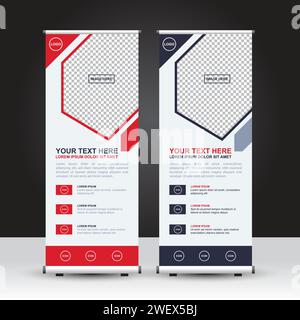 Roll Up Banner template with the option either red or dark cobalt blue color, standing banner design, advertisement, flyer and display. Vector Design. Stock Vector