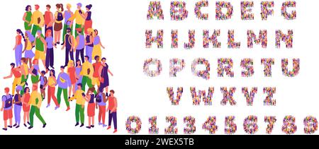 Creative top view crowd font. Isometric people alphabet letters and numbers, society typography and community text vector set Stock Vector