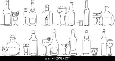 Continuous one line alcohol drinks. Minimalist alcohol bottles and glasses, bar beverages isolated vector illustration set Stock Vector