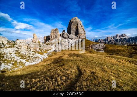 The rock formation Cinque Torri in autumn, seen from the mountain hut Rifugio Scoiattoli. Cortina d Ampezzo Veneto Italy FB 2023 3074 Stock Photo