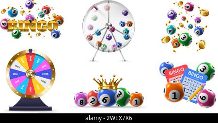 Lotteries game. Fortune wheel, bingo tickets and lottery balls in spinning dispenser. Lucky numbers combination isolated 3D vector illustration set Stock Vector