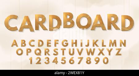 Cardboard font. Packaging paper material cutout letters and numbers, carton alphabet for eco-friendly recyclable typography design vector set Stock Vector