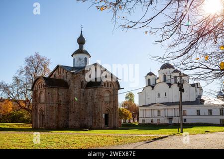 Ancient temples of Yaroslav's Dvorishche. Church of St. Paraskeva Friday of 1207 and St. Nicholas Cathedral of 1136. Veliky Novgorod, Russia Stock Photo