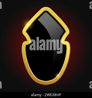 Black shield with glossy bright golden frame isolated on red background. Luxury logo design element. Vector illustration. Stock Vector