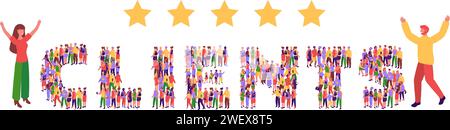 Clients feedback. Happy customer appreciation, five gold stars client review and people crowd word isometric vector illustration Stock Vector