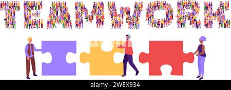 Team work. Collaborative spirit and problem-solving concept with TEAMWORK typography formed by people crowd standing together vector illustration Stock Vector