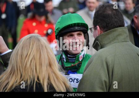 Cheltenham, UK. 27th January 2024. Cheltenham Racecource, UK. Harry Cobden shows his delight after riding Ginnys Destinyto victory in the 12.40 at Cheltenham.Photo Credit: Paul Blake/Alamy Sports News Stock Photo